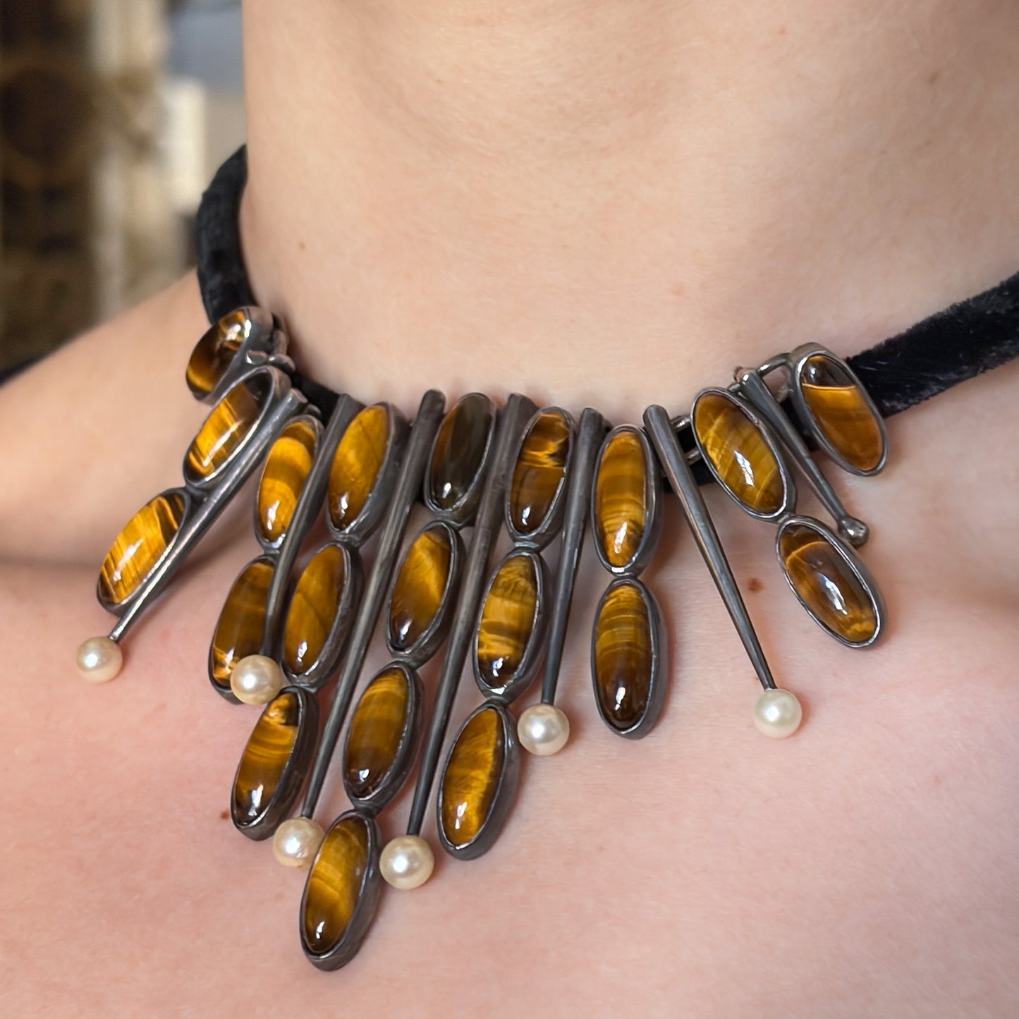Estate Sterling Silver Tigers Eye and Pearl Necklace by Antonio Pineda