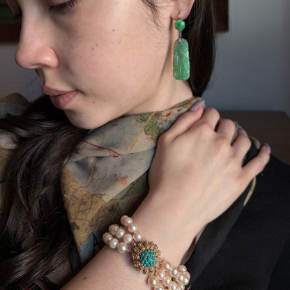 Estate Edwardian Carved Apple Green Jadeite Dangle Earrings with Round Cabochon