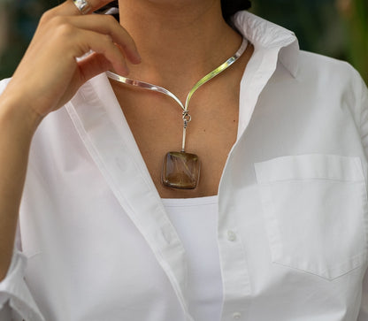 Georg Jensen Sterling Silver Neck Ring No. 169 With Rutilated Quartz Drop No. 132 By Vivianna Torun