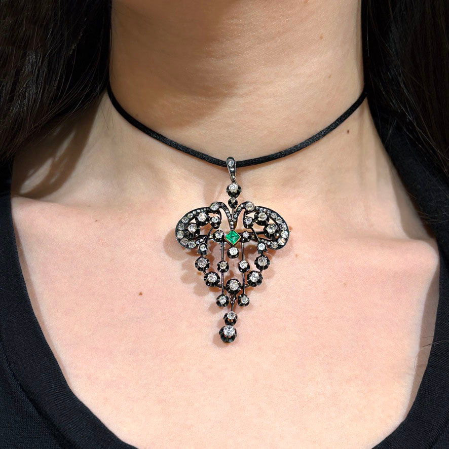 Antique Victorian 18k, Silver, Diamond & Emerald Pendant