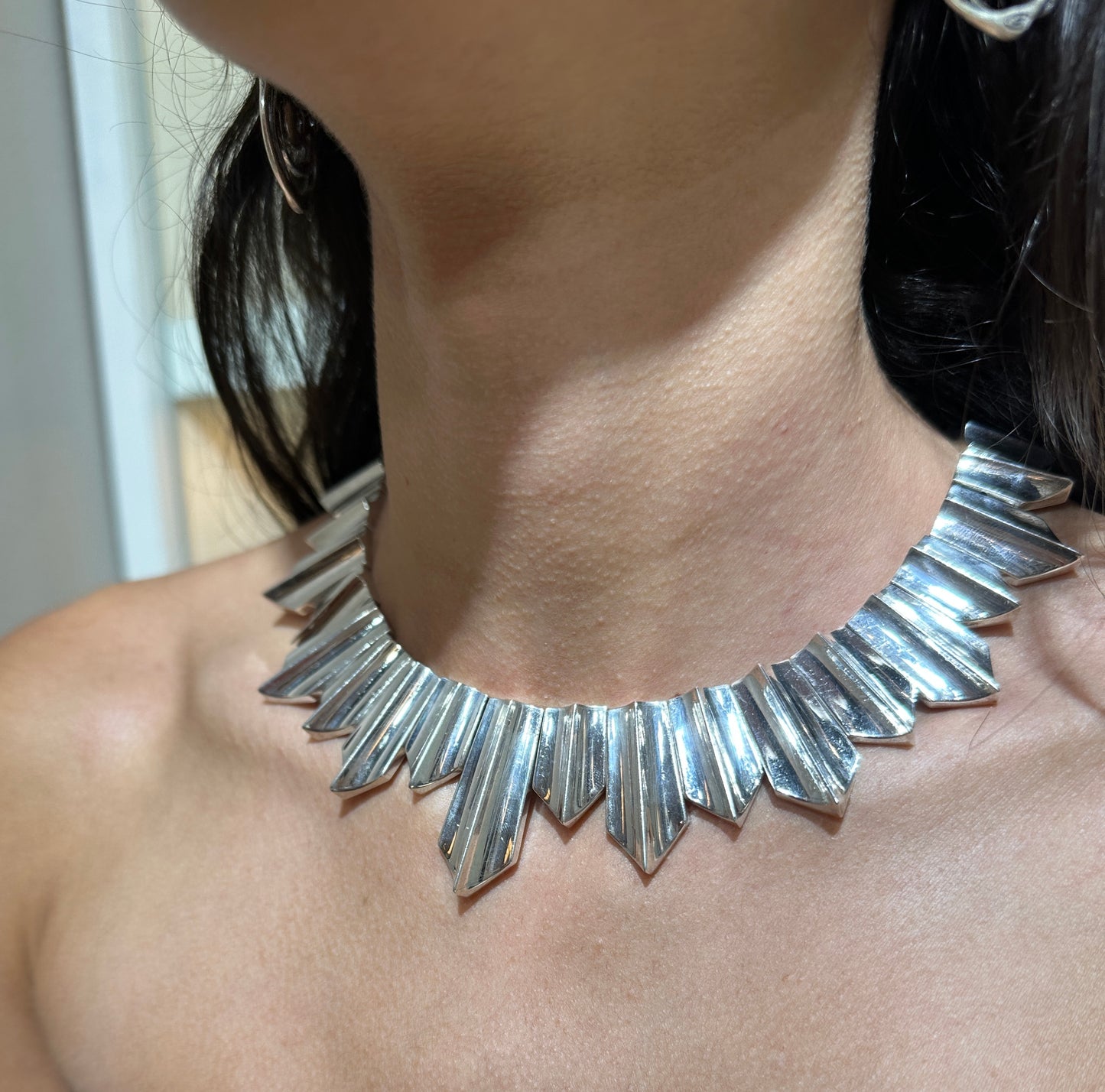 Estate Taxco, Mexico Sterling Silver "Zig Zag" Heavy Necklace in the Style of Antonio Pineda