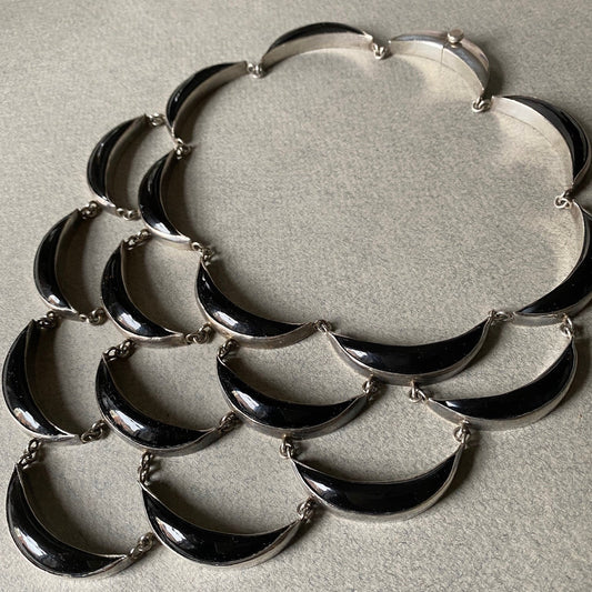 Antonio Pineda Sterling Silver and Onyx Bib Necklace