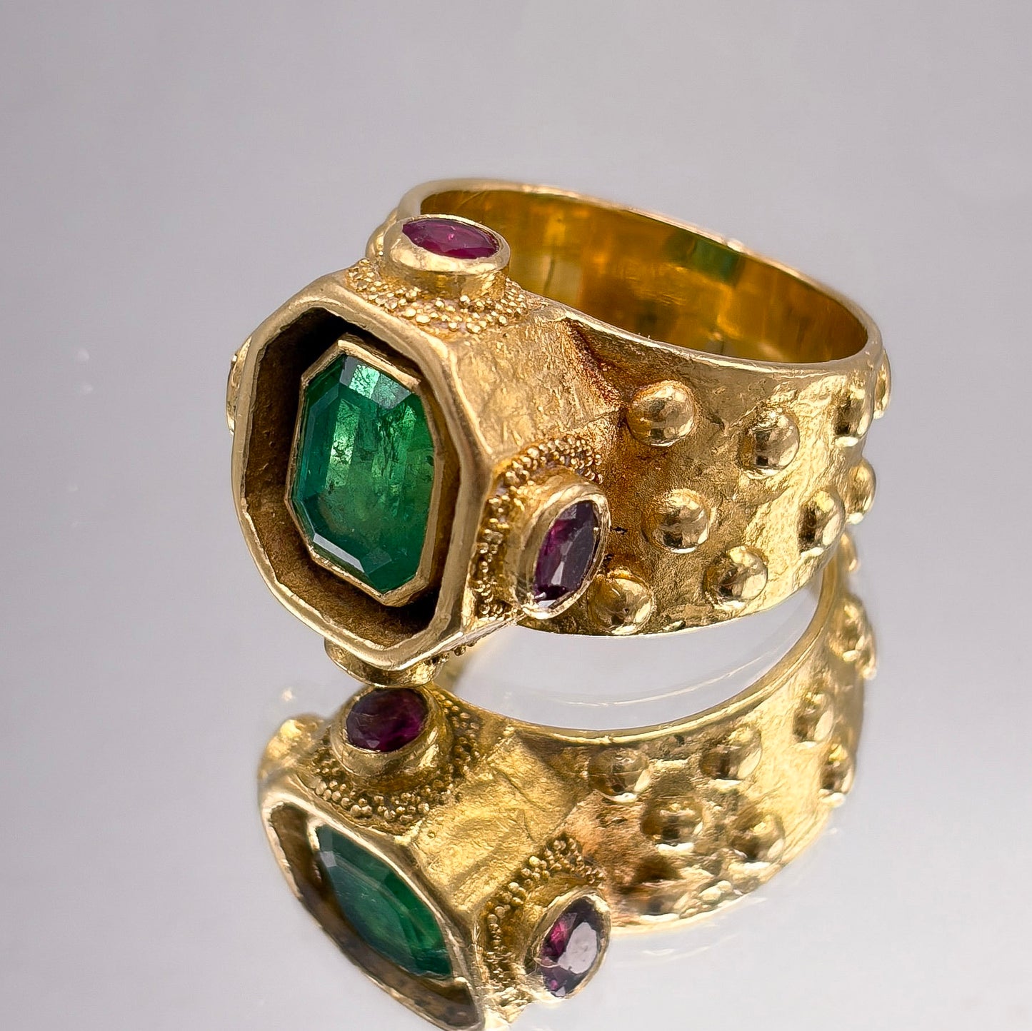 Estate Ed Wiener 18K Gold Ring with Octagonal Emerald and Rubies
