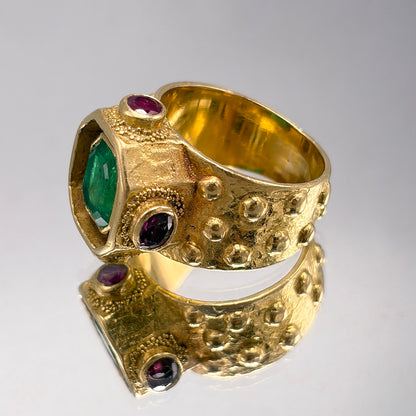 Estate Ed Wiener 18K Gold Ring with Octagonal Emerald and Rubies