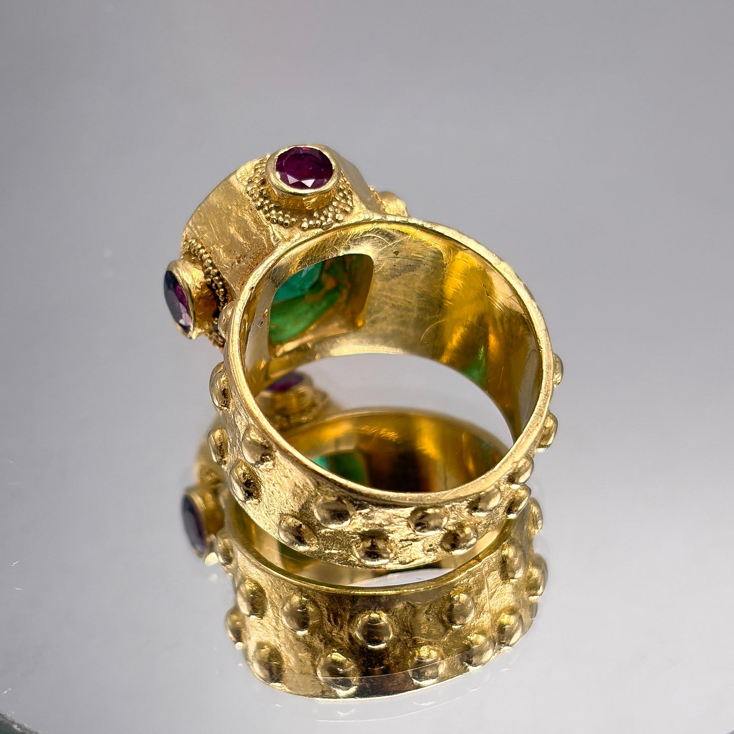 Estate Ed Wiener 18K Gold Ring with Octagonal Emerald and Rubies