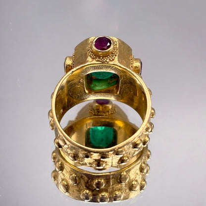 Estate Ed Wiener 18K Gold Ring with Octagonal Emerald and Rubies
