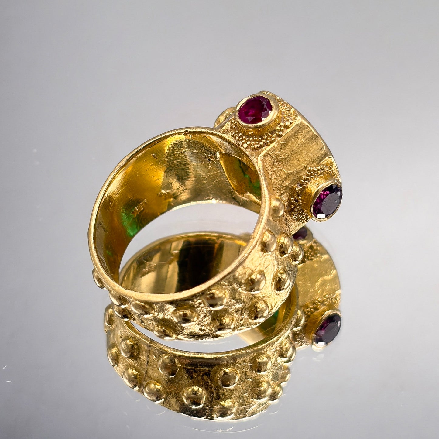 Estate Ed Wiener 18K Gold Ring with Octagonal Emerald and Rubies