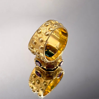 Estate Ed Wiener 18K Gold Ring with Octagonal Emerald and Rubies