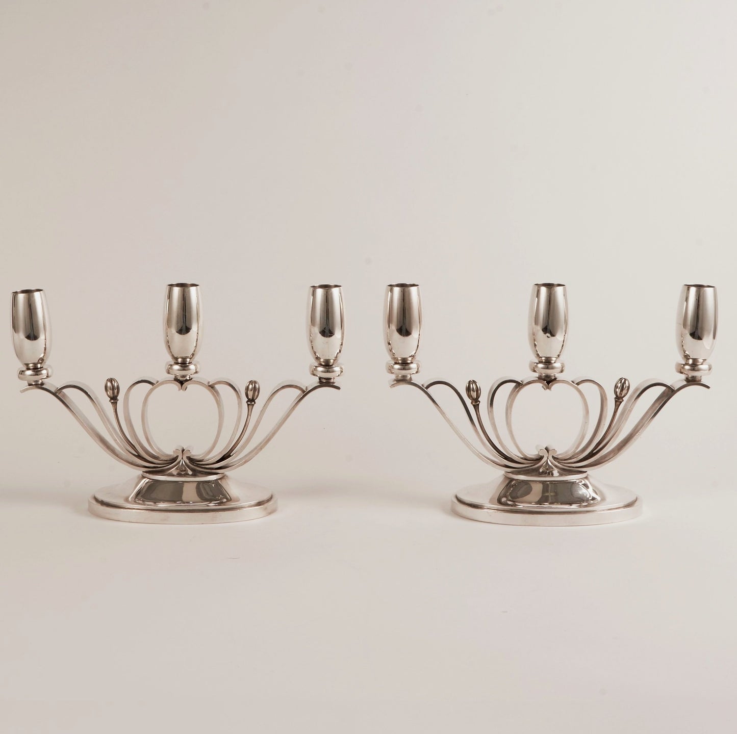 Estate Pair of Evald Nielsen Sterling Silver Art Deco 3 Light Candelabra