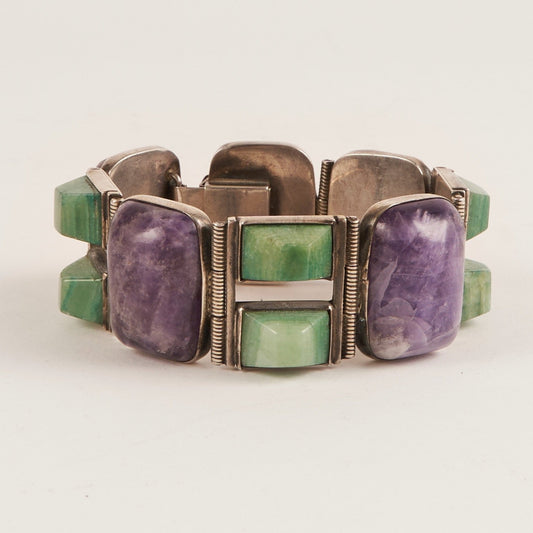 Sterling Silver Bracelet with Amethyst and Green Stone