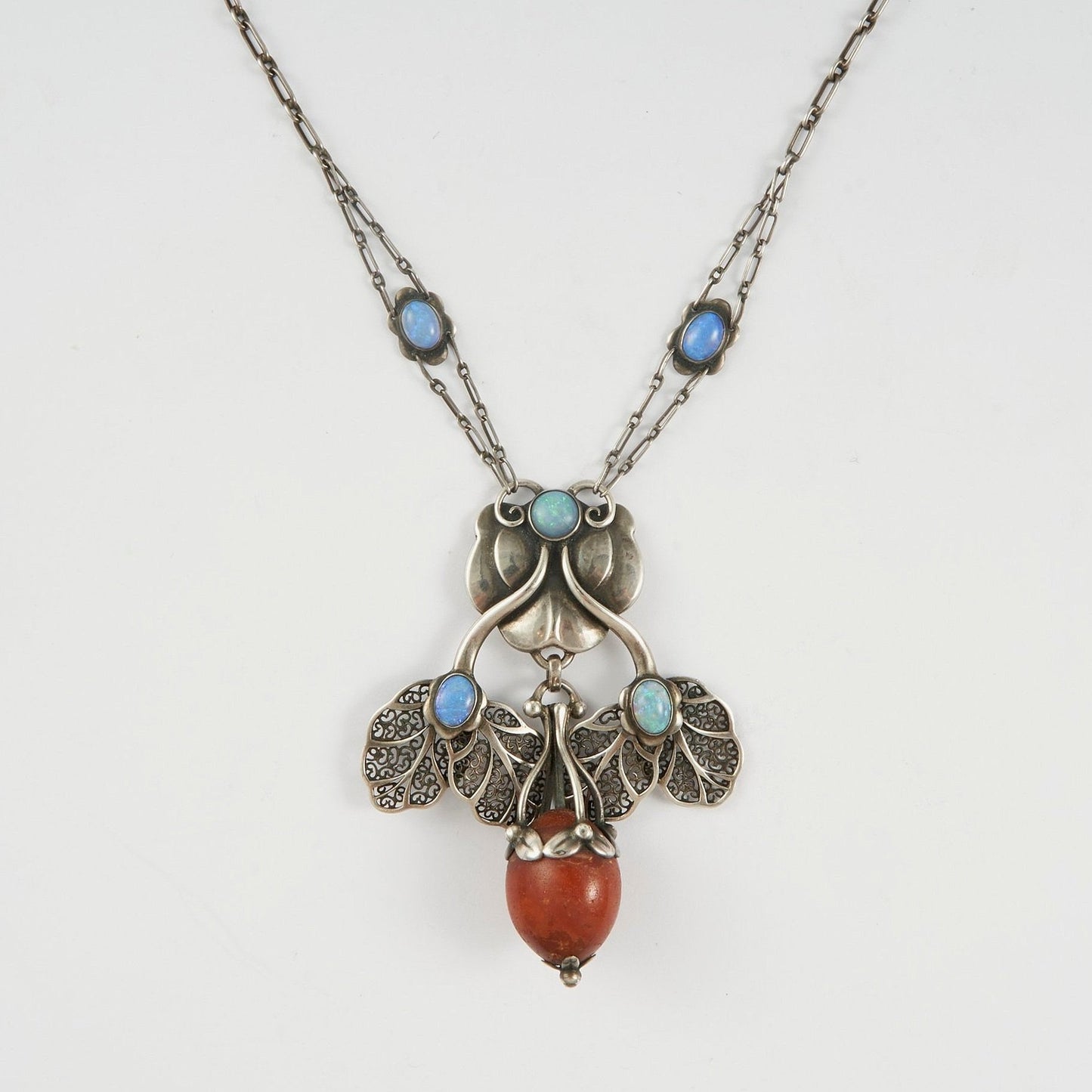 Early Georg Jensen 826 Silver Pendant with Opal and Amber from 1912