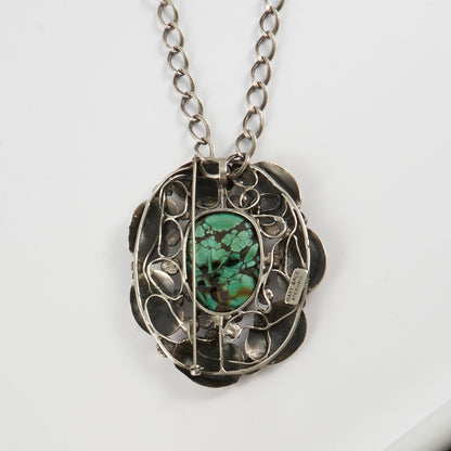 Large Oval Sterling and Natural Turquoise Brooch Pendant by Mary Gage