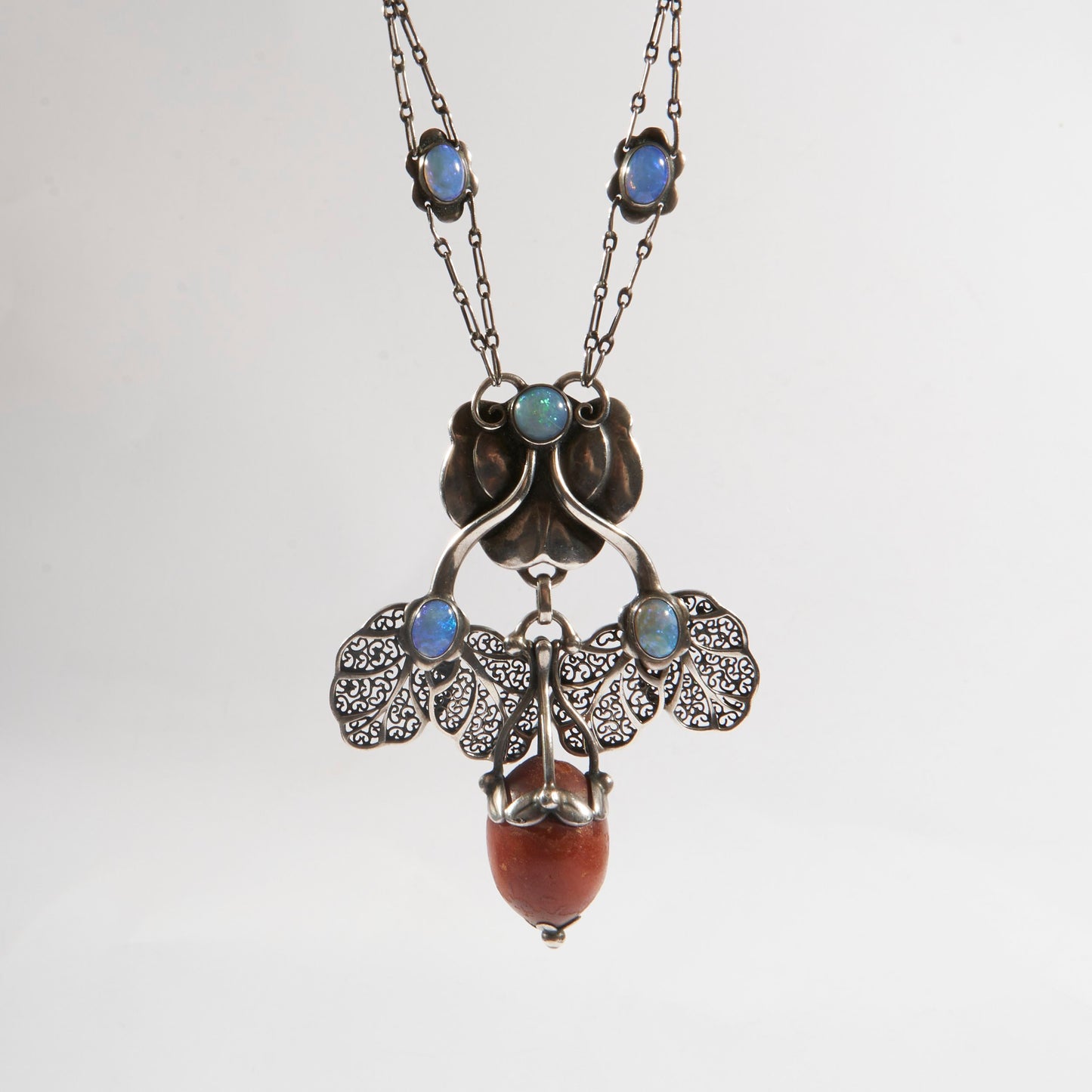 Early Georg Jensen 826 Silver Pendant with Opal and Amber from 1912