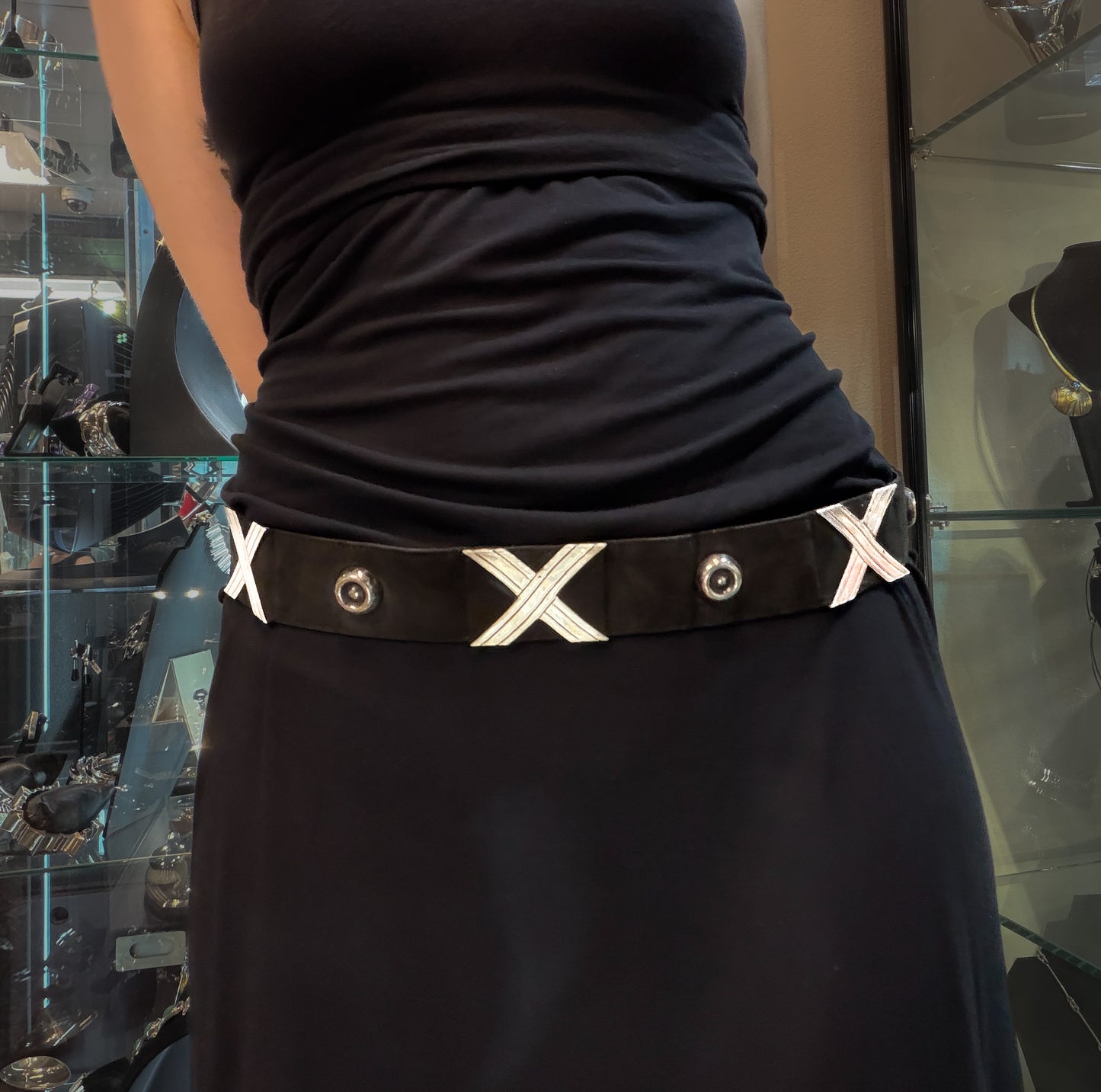 Estate Sterling Silver "Georgia O'Keeffe " Cross & Button Belt Belt by Hector Aguilar