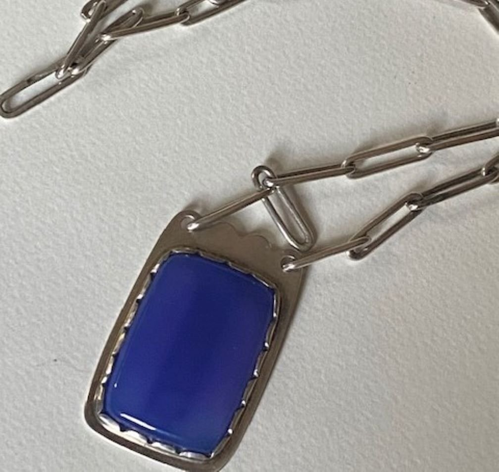 Porter Blanchard Silver Link Necklace with Silver and Blue Chalcedony Pendant