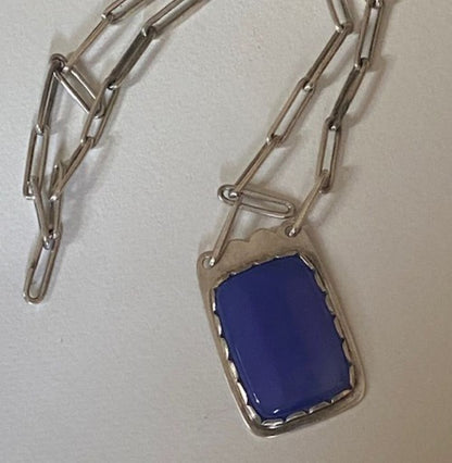 Porter Blanchard Silver Link Necklace with Silver and Blue Chalcedony Pendant