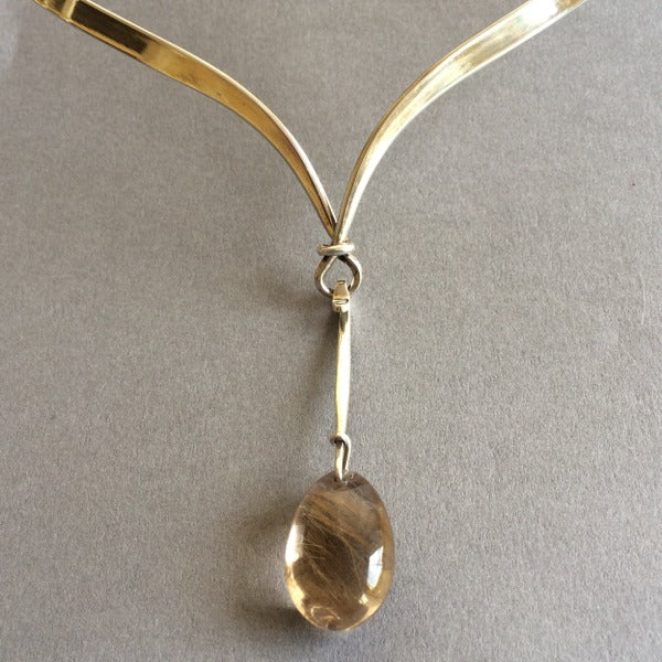 Georg Jensen Sterling Silver Neck Ring by Vivianna Torun, No. 169 with Rutilated Quartz Drop, No. 128