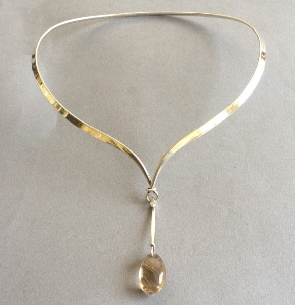 Georg Jensen Sterling Silver Neck Ring by Vivianna Torun, No. 169 with Rutilated Quartz Drop, No. 128