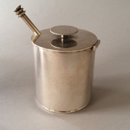 Georg Jensen Sterling Silver Mustard Pot with Spoon No. 801 by Sigvard Bernadotte