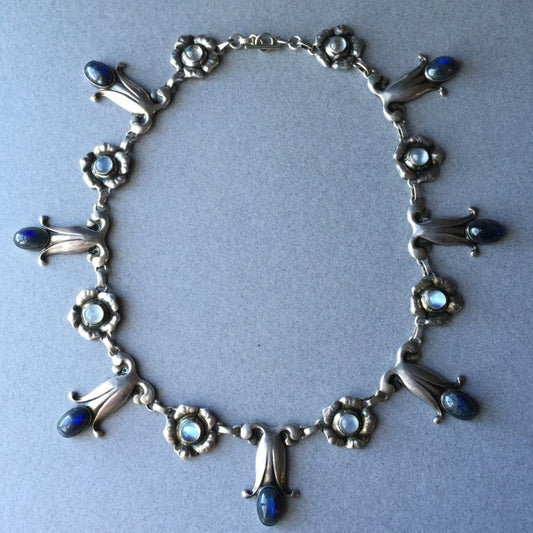 Georg Jensen 830 Silver Necklace No. 7 with Labradorite and Moonstones