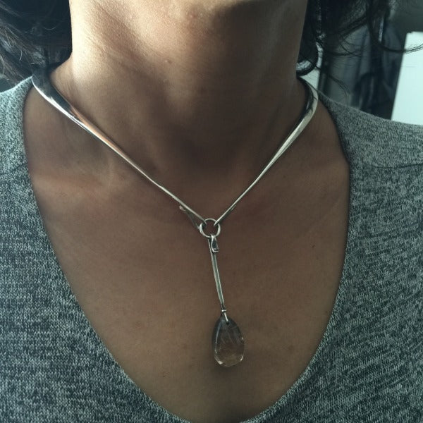 Georg Jensen Sterling Silver Collar No. 198 By Bent Gabrielsen With Rutilated Quartz Drop No. 128 By Vivianna Torun