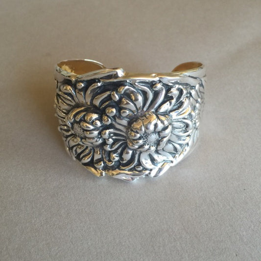 Sterling Silver "Repousse" Chrysanthemum Cuff Bracelet By Galmer