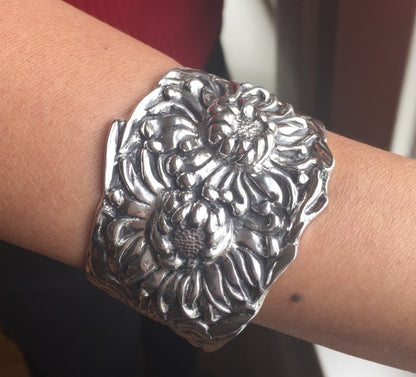 Sterling Silver "Repousse" Chrysanthemum Cuff Bracelet By Galmer