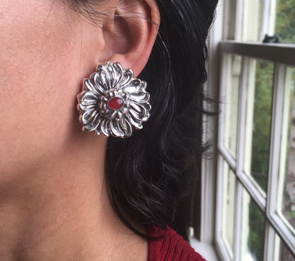 Sterling Silver "Repousse" Chrysanthemum Earrings By Galmer