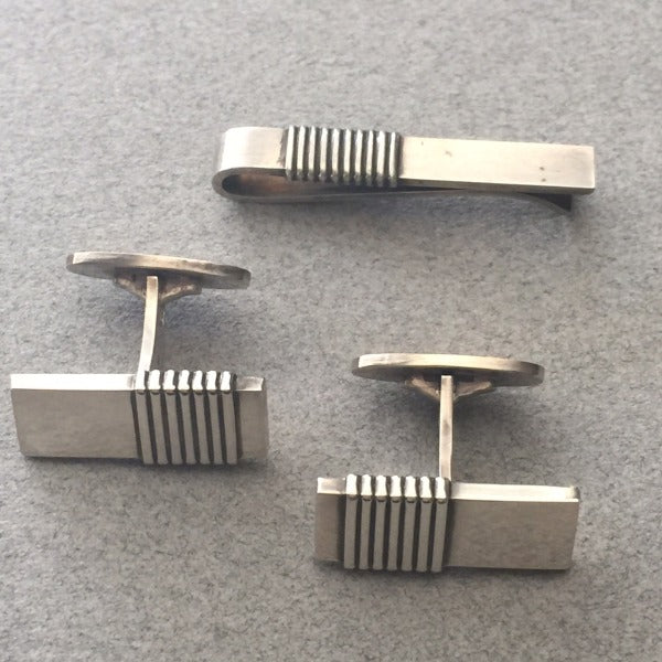 Estate Georg Jensen Sterling Silver Cufflinks and Tie Bar Set by Harald Nielsen No. 80