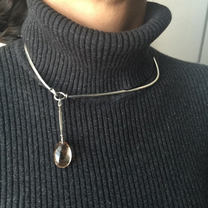 Georg Jensen Sterling Silver Neck Ring No. 173 With Rutilated Quartz Drop No. 128 By Vivianna Torun