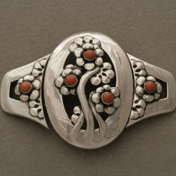 Estate Georg Jensen Sterling Silver Museum Quality Antique Belt Buckle with Coral