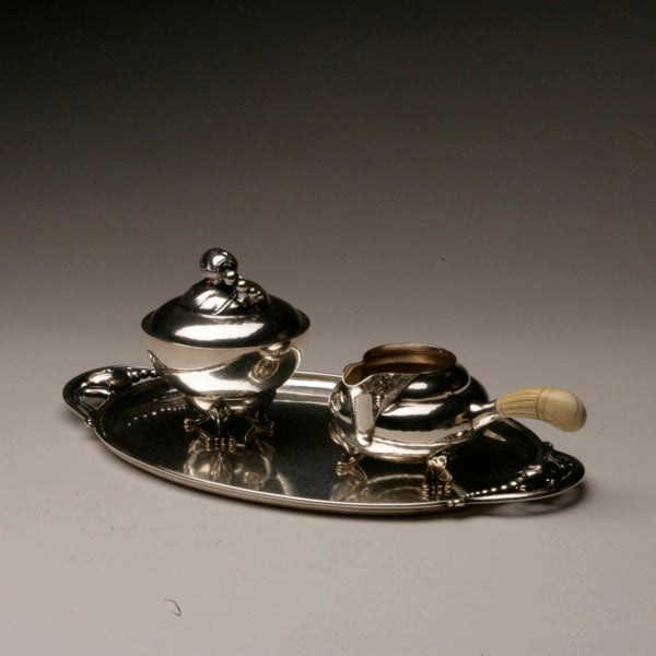 Georg Jensen Sterling Silver "Blossom" Creamer No. 2B and Sugar No. 2C on Tray No. 2R