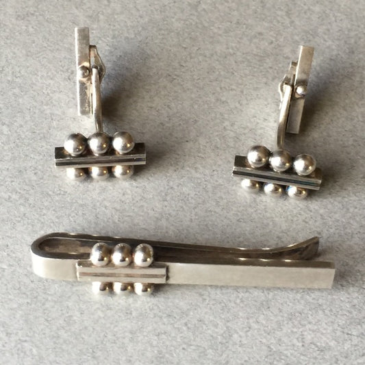 Georg Jensen Sterling Silver Set of Cufflinks No. 61B and Tie Bar No. 61 by Harald Nielsen