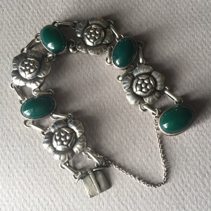 Georg Jensen 830 Silver "Blossom" Bracelet No. 12 with Green Chrysoprase