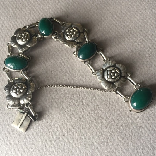 Georg Jensen 830 Silver "Blossom" Bracelet No. 12 with Green Chrysoprase