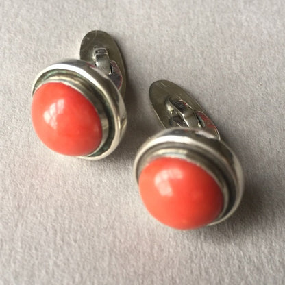 Georg Jensen Sterling Silver Cufflinks with Coral Cabochon No. 44D by Harald Nielsen