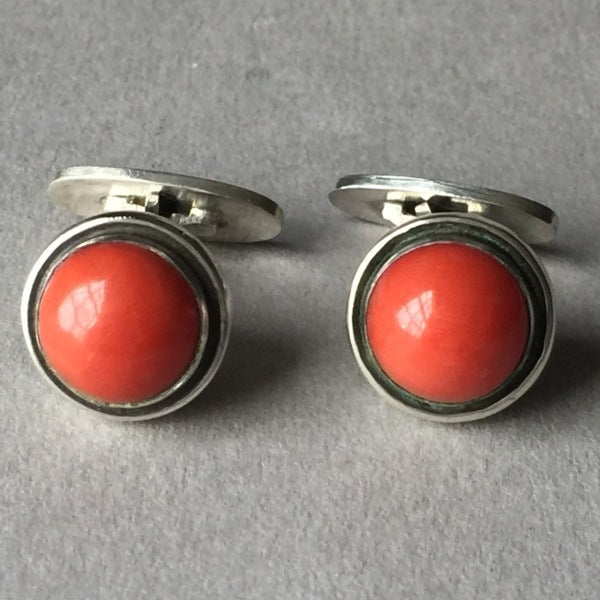 Georg Jensen Sterling Silver Cufflinks with Coral Cabochon No. 44D by Harald Nielsen