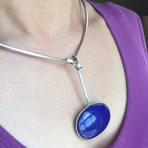 Georg Jensen Sterling Silver Neck Ring No. 174 With Lapis Lazuli Drop No. 133 by Vivianna Torun