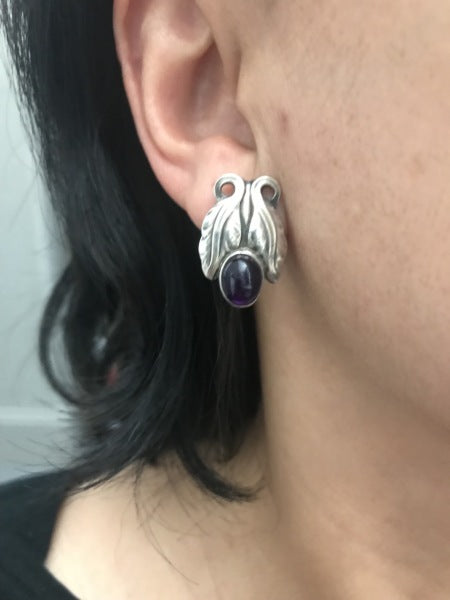 Georg Jensen Sterling Silver Foliate Earrings with Amethyst No. 108