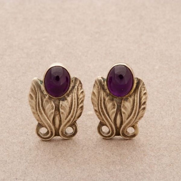 Georg Jensen Sterling Silver Foliate Earrings with Amethyst No. 108