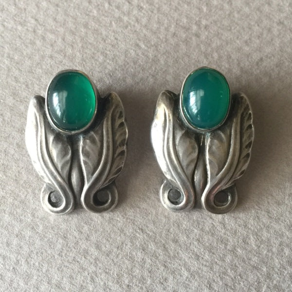 Georg Jensen Sterling Silver Foliate Earrings No. 108 with Green Chrysoprase