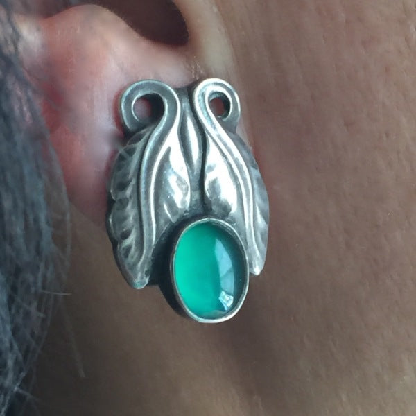 Georg Jensen Sterling Silver Foliate Earrings No. 108 with Green Chrysoprase