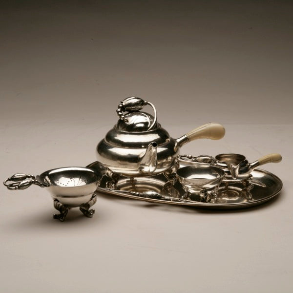 Estate Georg Jensen Sterling Silver Mini Bachelor "Blossom" Tea Service on Tray No. 2P, 2H, and 2A