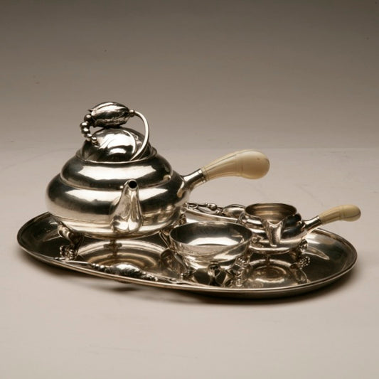 Estate Georg Jensen Sterling Silver Mini Bachelor "Blossom" Tea Service on Tray No. 2P, 2H, and 2A