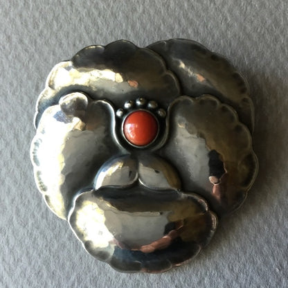 Georg Jensen Sterling Silver "Pansy" Brooch No. 113 with Coral