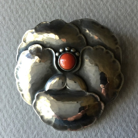 Georg Jensen Sterling Silver "Pansy" Brooch No. 113 with Coral