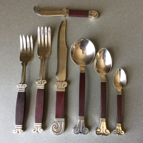 Hector Aguilar 940 Silver Cutlery Service with Rosewood Handles for Eight, Rare