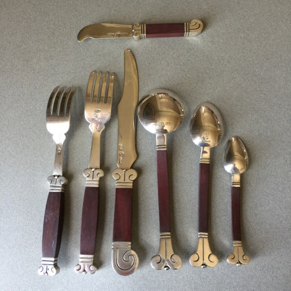 Hector Aguilar 940 Silver Cutlery Service with Rosewood Handles for Eight, Rare