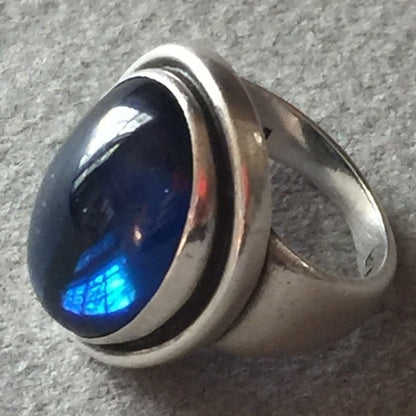 Georg Jensen Sterling Silver Synthetic Sapphire Ring No. 46A by Harald Nielsen, No 91 Ring by Nanna Ditzel and Earring no 86