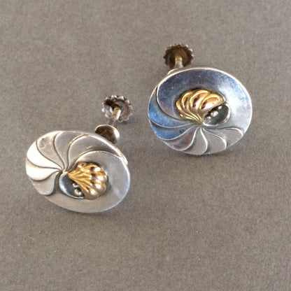 Georg Jensen Sterling Silver "Nautilus" Earrings with 18K Gold Center No. 96